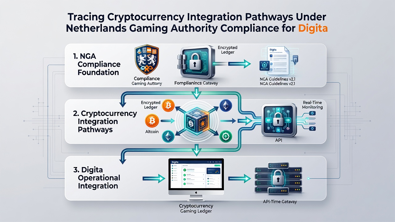 Diagram van technische integratiepaden voor cryptovaluta onder Nederlandse gaming compliance